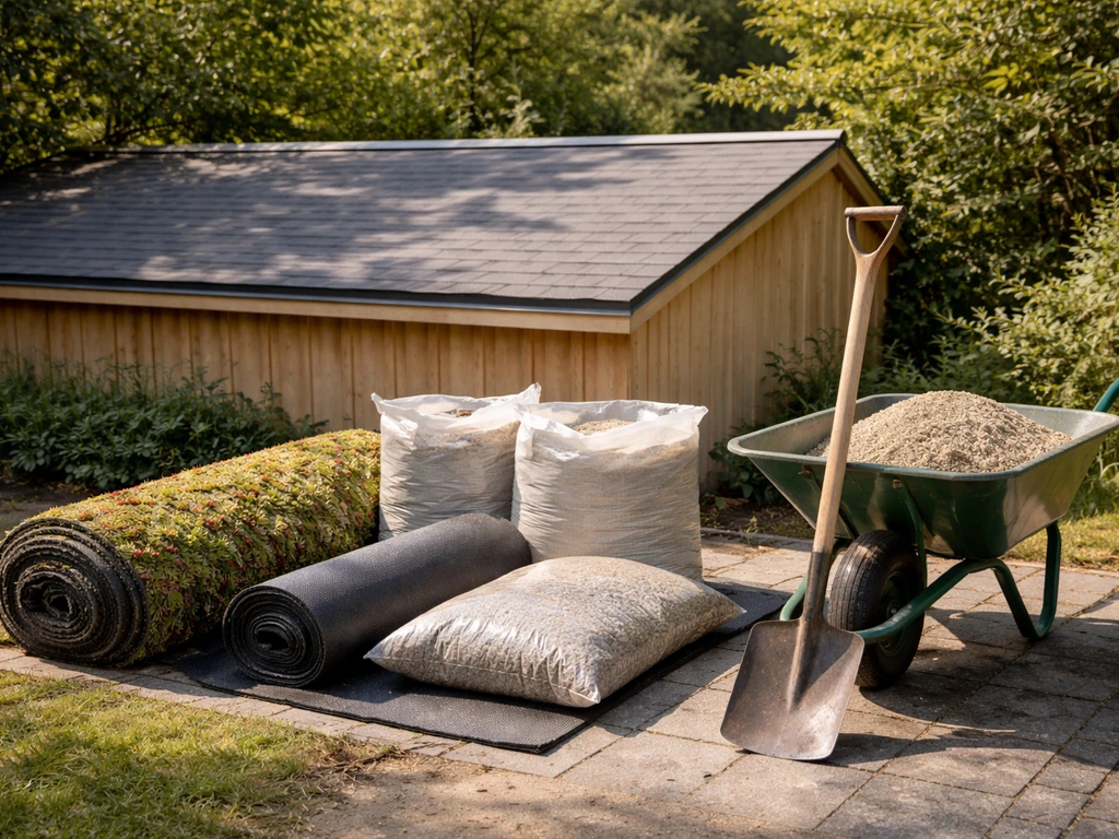 Materialen en gereedschap klaar voor aanleg op een schuurdak: rollen matten, worteldoek, substraat, schop en kruiwagen.