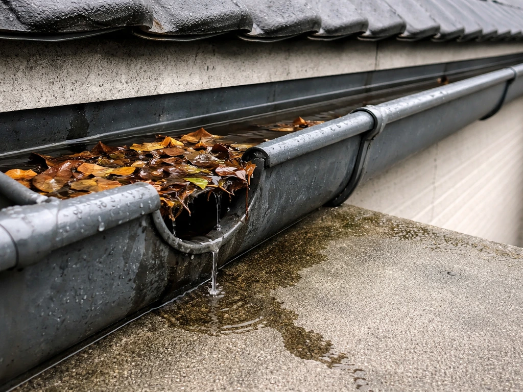 Dakgoot met bladresten die de dakafvoer blokkeren, met stilstaand regenwater bij de afvoer.