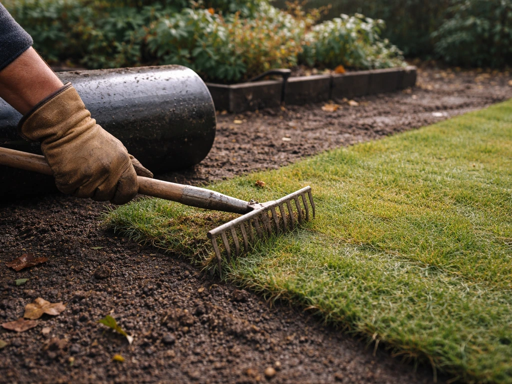 Werkhandschoen met tuinhark en drukrol op nieuw gazon, herfstregen-sfeer in oktober.