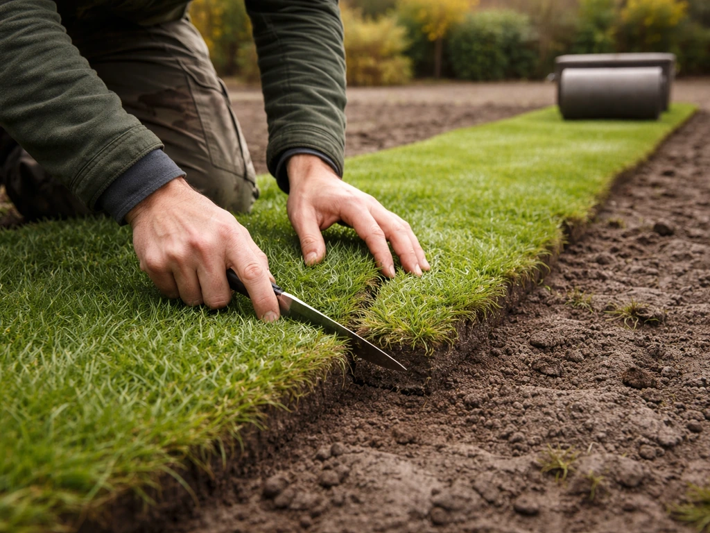 Handen die graszoden strak tegen elkaar leggen, snijmes langs de rand en een drukrol op een gazon in oktober.