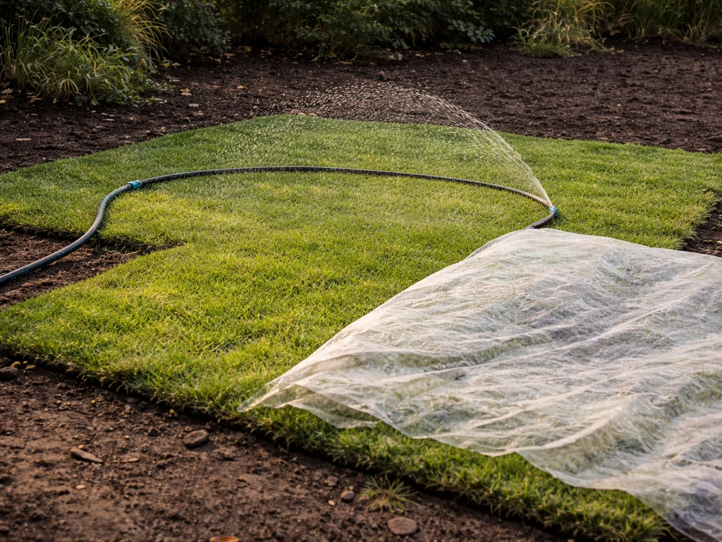 Vers aangelegd gras met licht sproeien en een klein stuk tuinvlies voor vorstbescherming in oktober.