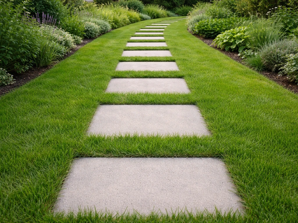 Groen gras met stapstenen in een recht tuinpad, stenen vlak met goed ingegroeid gras rond de voegen.