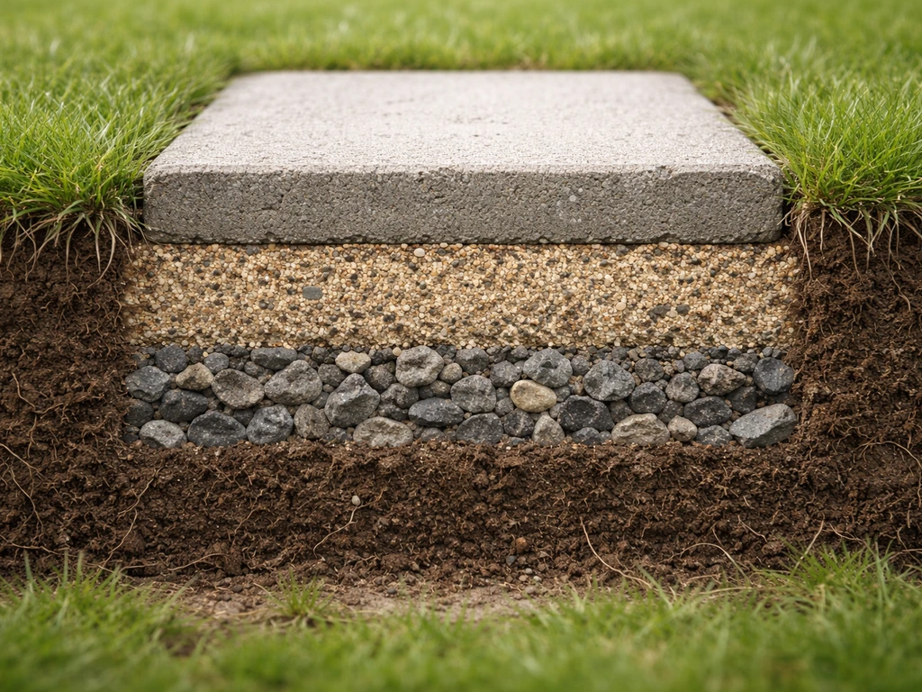 Doorzicht van grasopbouw met stapstenen: steen op zand-grindbed met drainage en daaronder grond