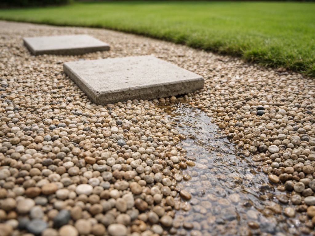Grofkorrelig grindbed onder stapstenen in een Nederlandse tuin, met lichte helling voor afwatering.