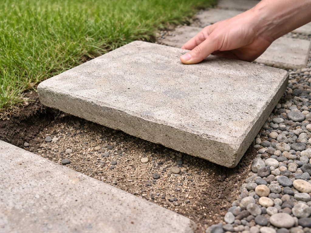 Hand tilt een verzakte stapsteen op uit een tuinpad; zand en grind liggen zichtbaar onder de steen.