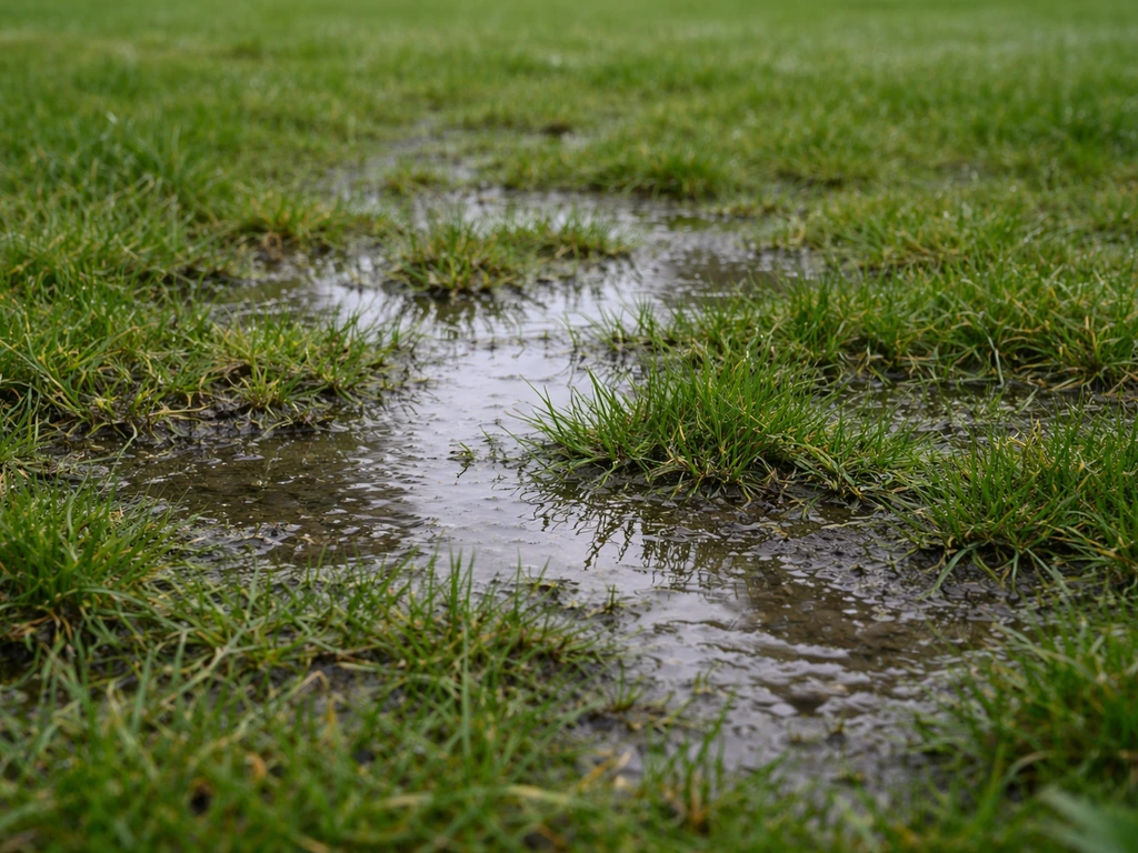 Drassige plek op een gazon met stilstaand water en mat, wegzakkend gras na regen.