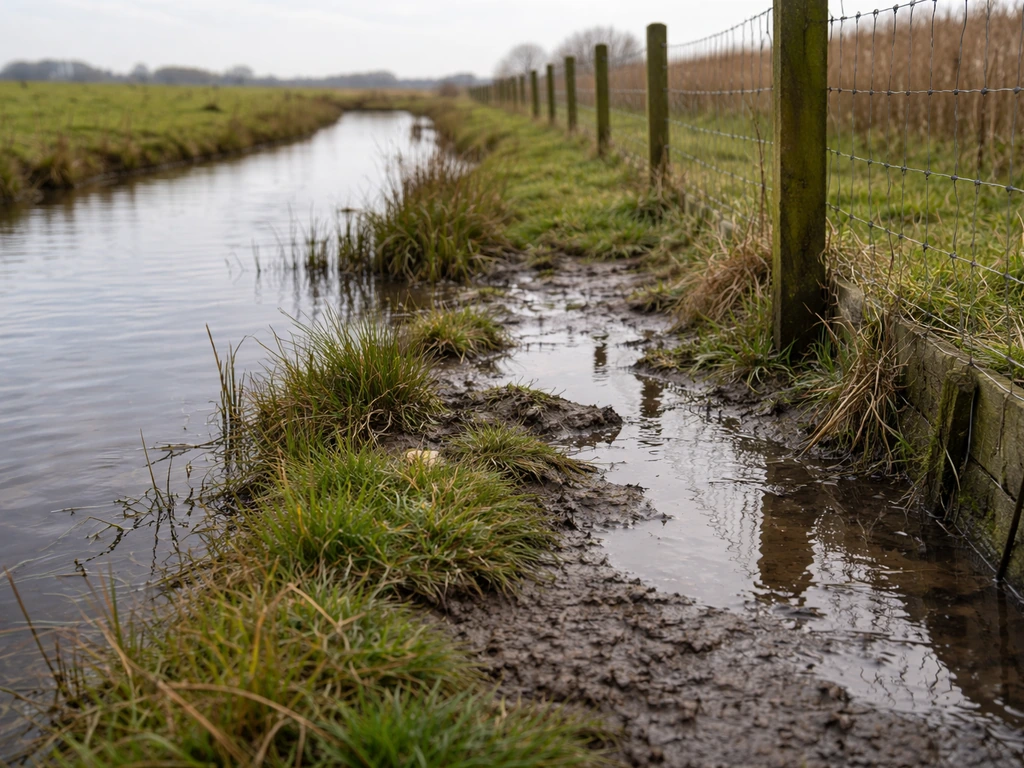 Natte oeverzone in laaggelegen polderlandschap met duidelijk hoge waterstand en plassen naast de tuin