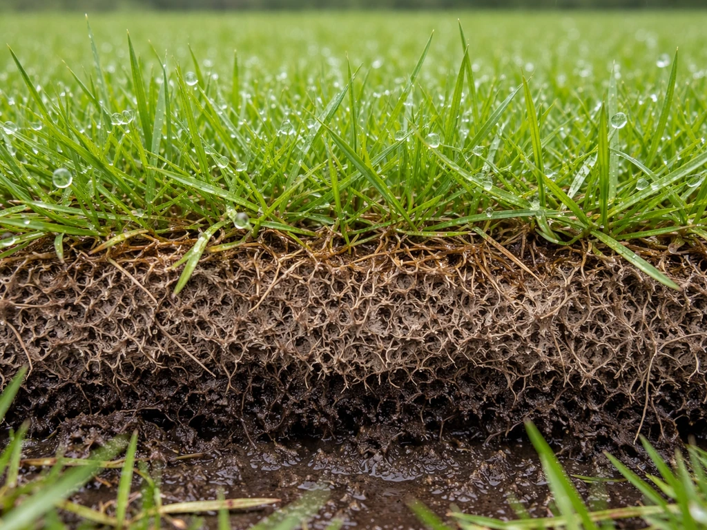 Close-up van gras met een bruin-grijze viltlaag eronder, zichtbaar na regen en vochtige grond.