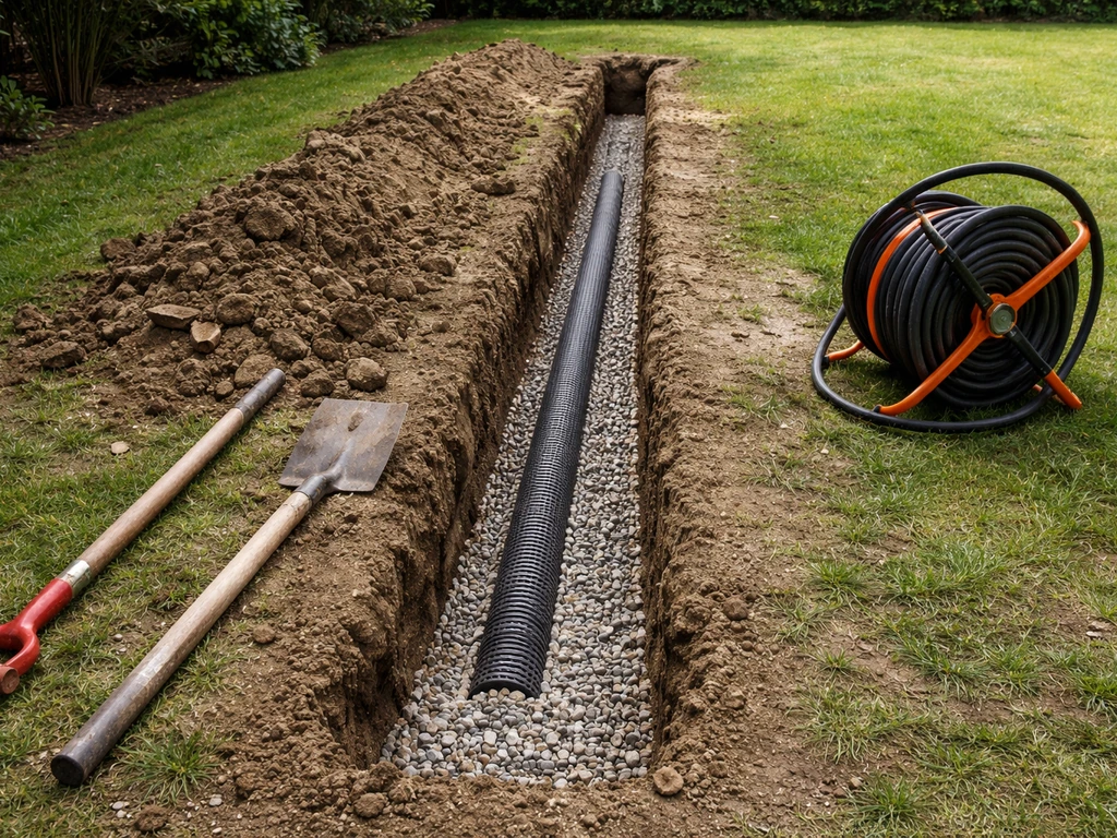 Drainage-sleuf in de tuin met drainagebuis en grind aan de zijkant na graafwerk.