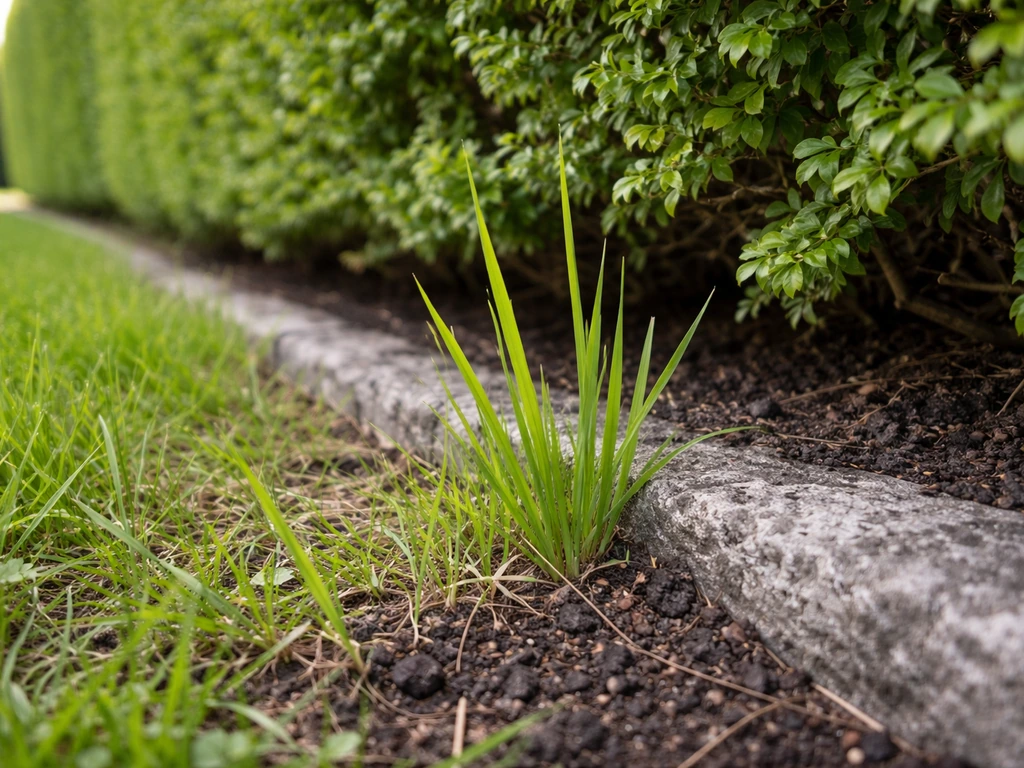 Close-up van gras dat uit het gazon groeit richting de haagvoet en de ruimte tussen haag en rand.