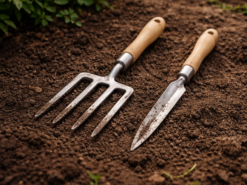 Twee tuingereedschappen naast elkaar op een klein stuk grond: woelvork/bodenvork en onkruidsteker klaar voor gebruik.