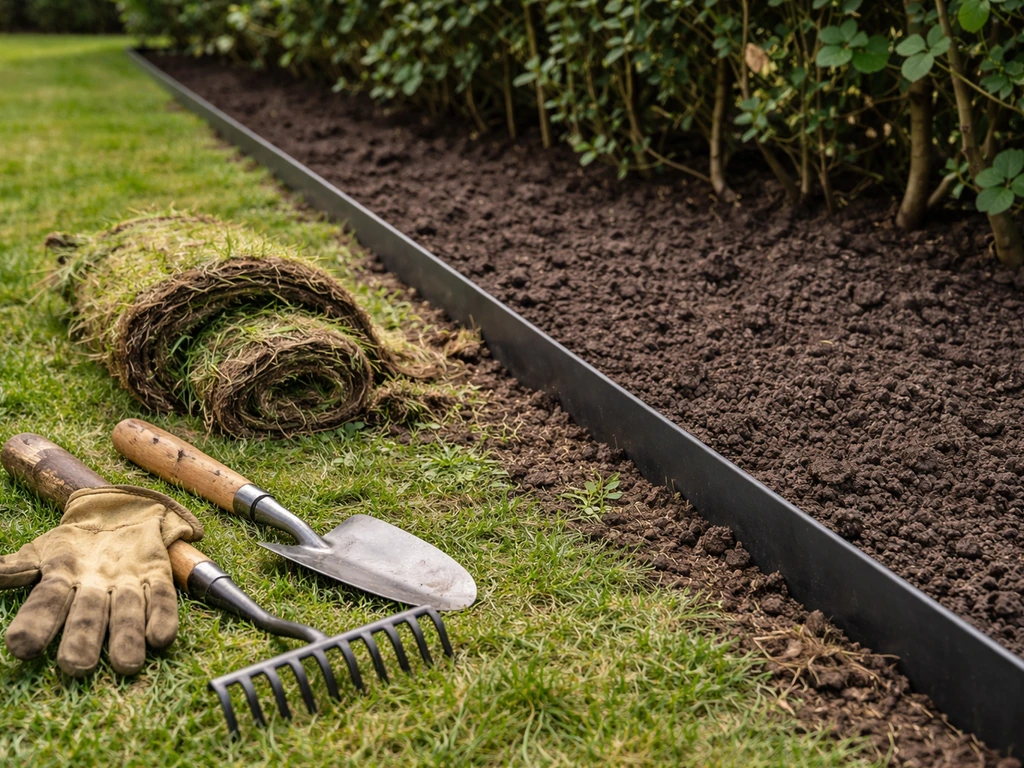 Afgewerkte haagstrook met tuinrandmateriaal en zichtbaar tuingereedschap op de grond, zonder mensen.