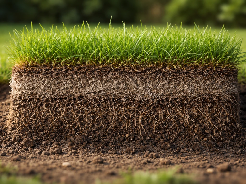 Close-up van graslagen in de bovenste grond: sprieten, vilt/grasmat en wortelzone, met duidelijke diepte.