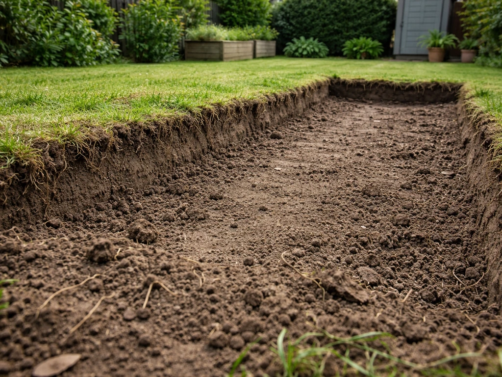 Opengewerkte grond direct na gras verwijderen, met niveauverschil en zicht op verdwenen wortelzone.