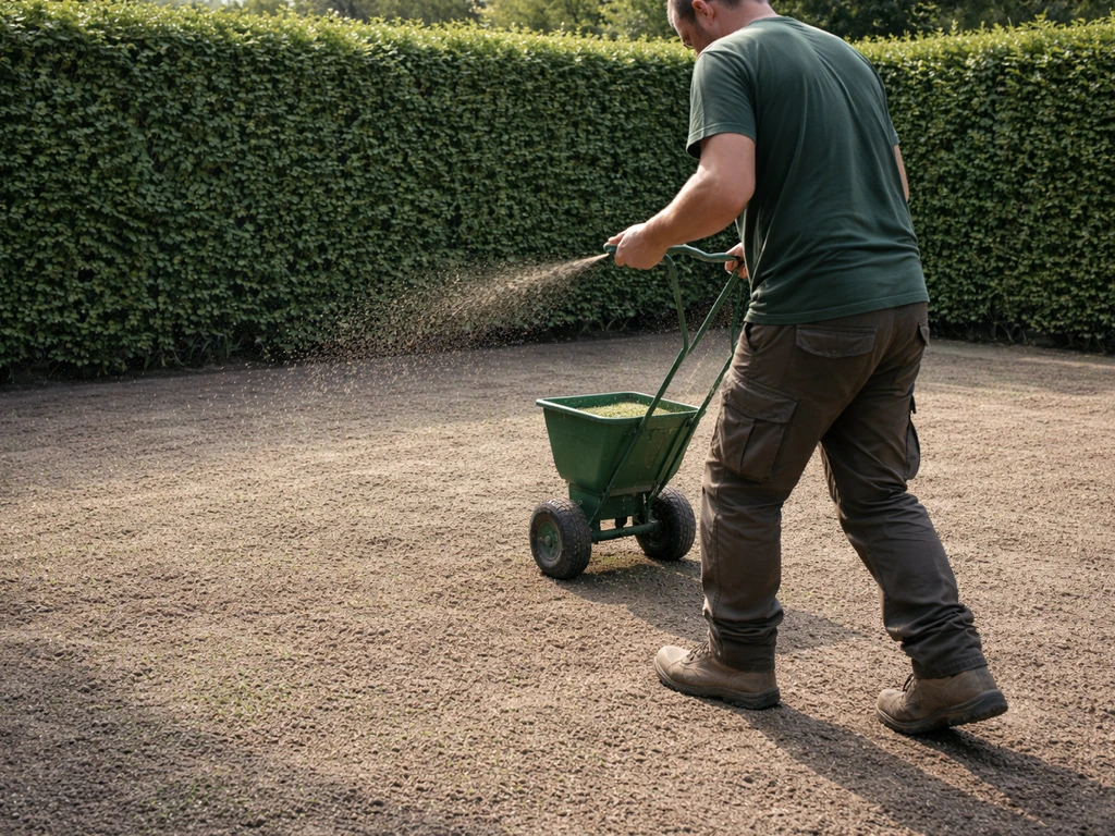 Iemand zaait nieuw gras op een kale ondergrond, egale deklaag en licht vochtige tuinbodem