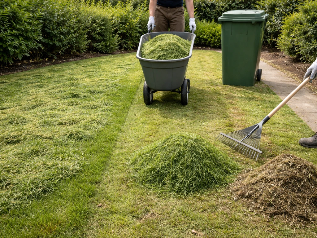 Tuinwerk in drie stappen: maaisel als mulch, afvoeren naar container en uitsorteren van beschadigd gras.