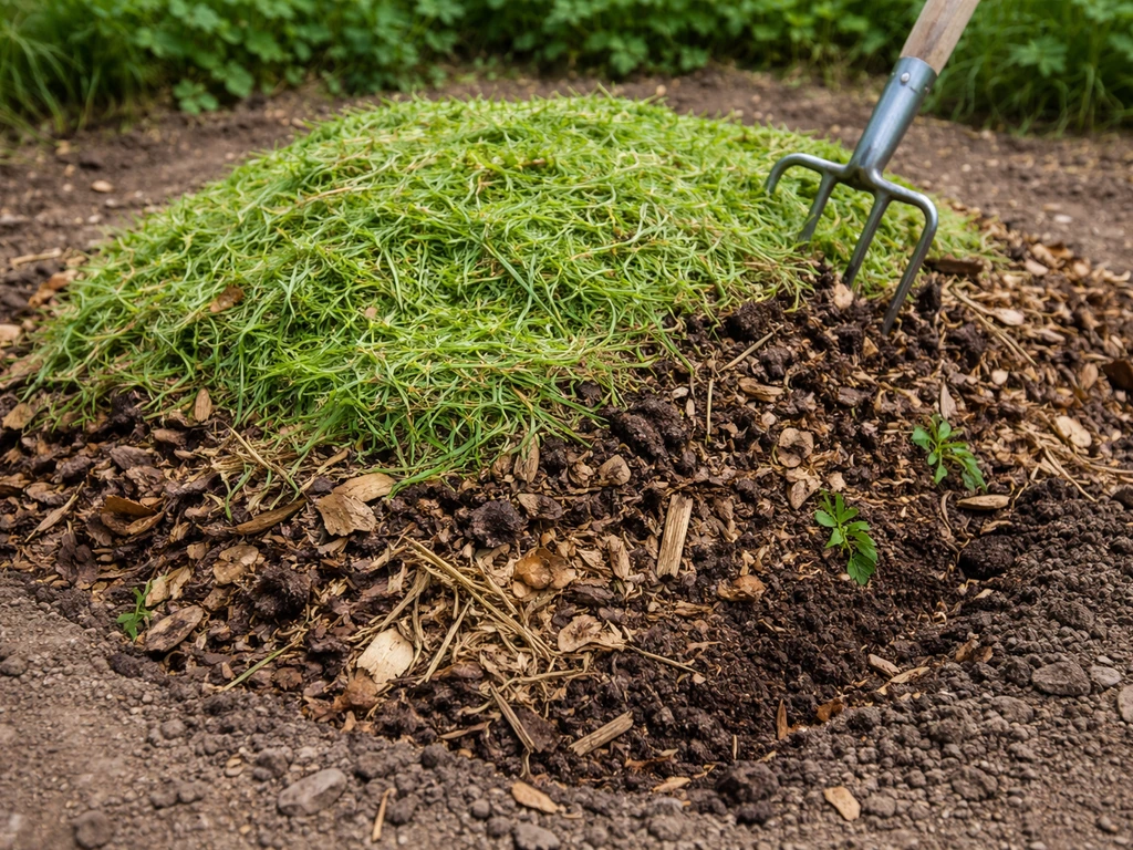 Close-up van composthoop met grasmaaisel afgewisseld met bladeren en houtsnippers, met duidelijke laagopbouw.