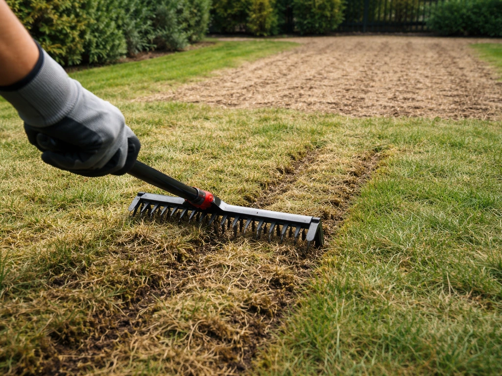 Verticuteren op een uitgedund gazon met zichtbaar kaal stuk waar begin van doorzaai-zaad is ingewerkt.