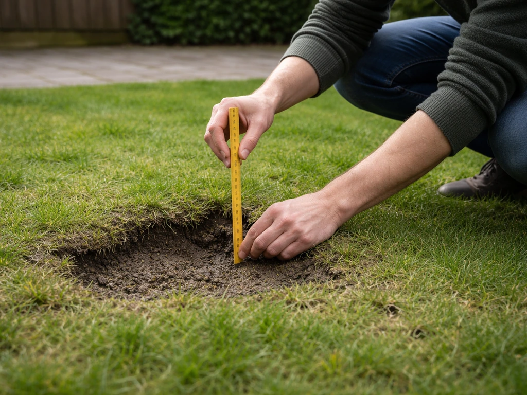 Iemand meet een verzakking in het gazon met een duimstok, met een lage plek in de tuin.