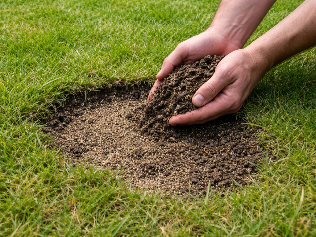 Hand schept toplaagmix van zand en compost op een verzakte plek in een gazon