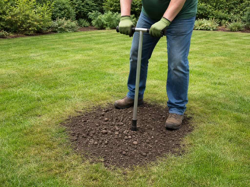 Tuinier duwt een holle beluchtingspen in een verdichte grasplek, met aarde die zichtbaar omhoog komt.