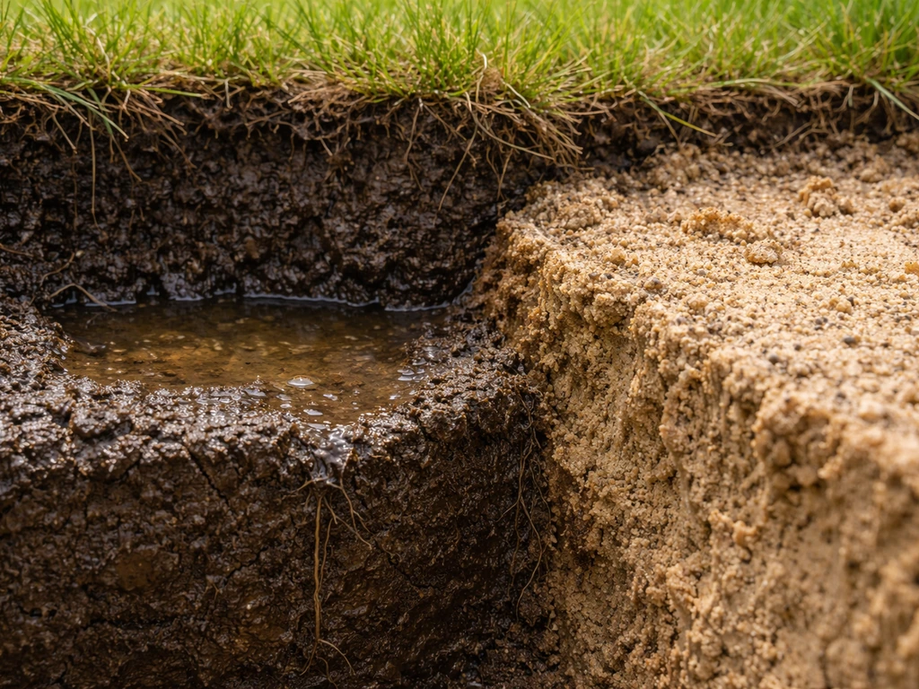 Close-up van een gazonbodem met klei die water vasthoudt en naastliggend zand dat droger oogt