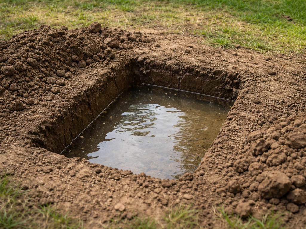 Een klein gegraven kuiltje met water om een drainagetest binnen 30 minuten te controleren.