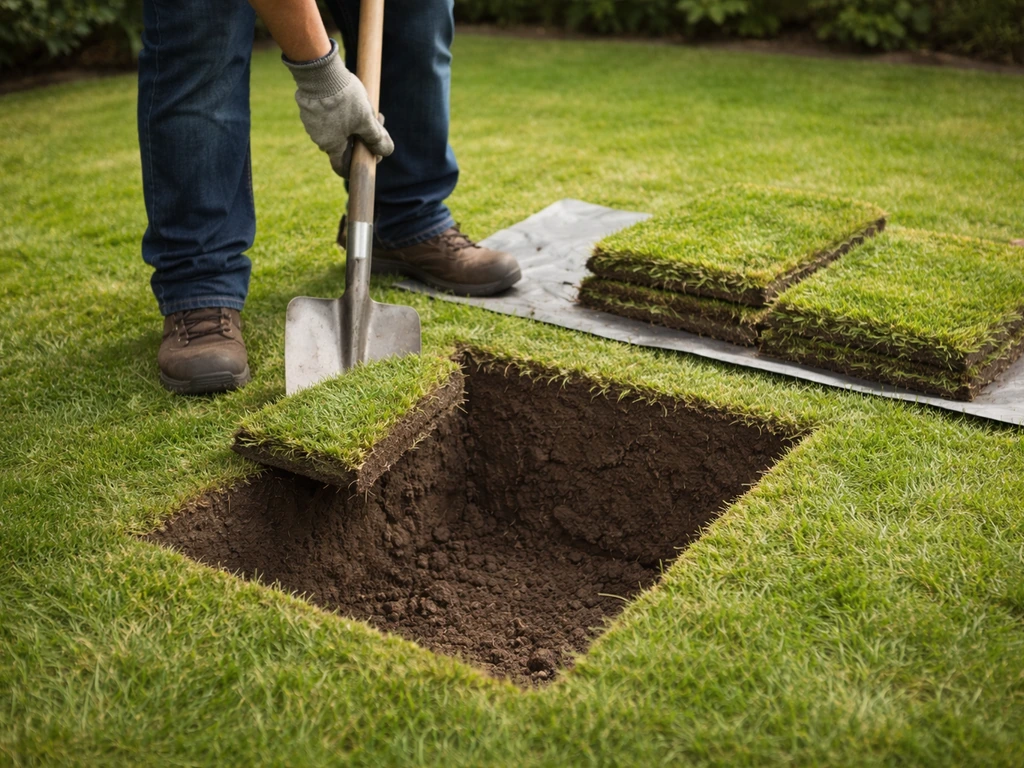 Tuinier maakt een kruis met de spade rond een diepe kuil en legt de graszoden opzij op zeil