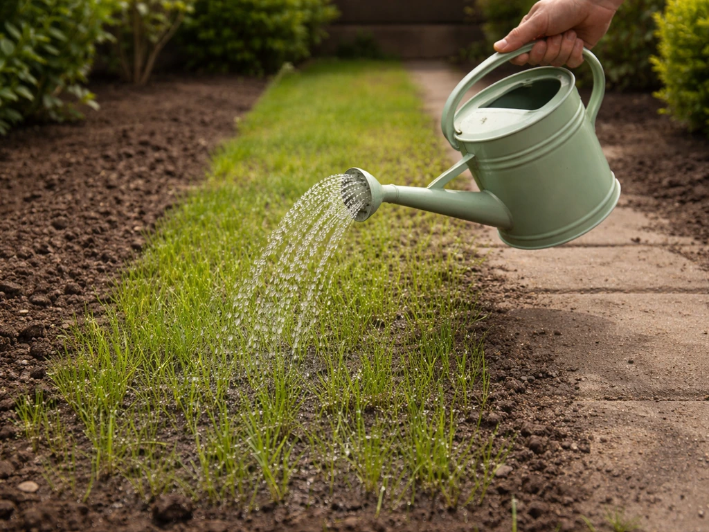 Gerichte bewatering van een vers herstelde grasstrook met een gieter; grond licht vochtig, jonge grassprieten zichtbaar.