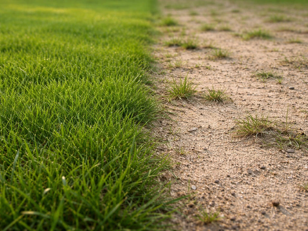Close-up van een gazon met een zanderige, kaalplekken naast dicht groen gras