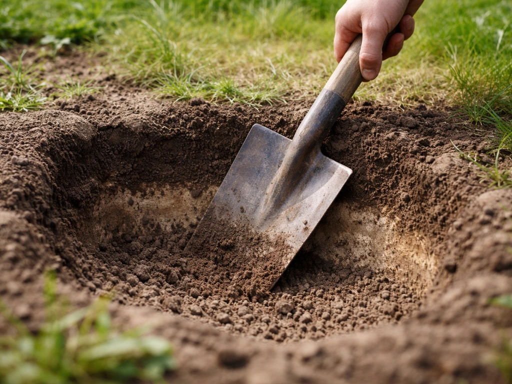 Tuinspade steekt in een kale tuinplek met zichtbaar bodemprofiel en kleurverschil in de uitgegraven grond.