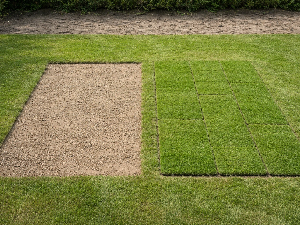 Twee kleine proefstroken met gras: links verse zaaigrond met zaaimengsel, rechts verse graszoden op een rustige tuinbode