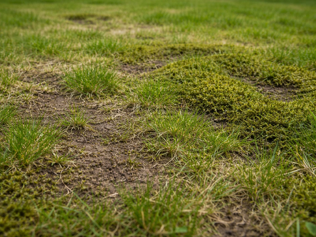 Close-up van gazon met dunne lichtgroene plekken en mos/vilt tussen de grassprieten