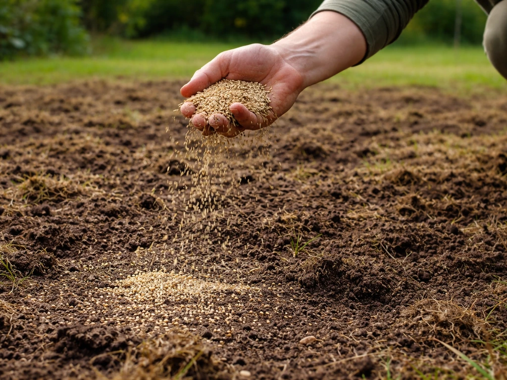 Hand strooit graszaad uit over een pas geverticuteerd gazon met losse aarde en jonge sprieten.