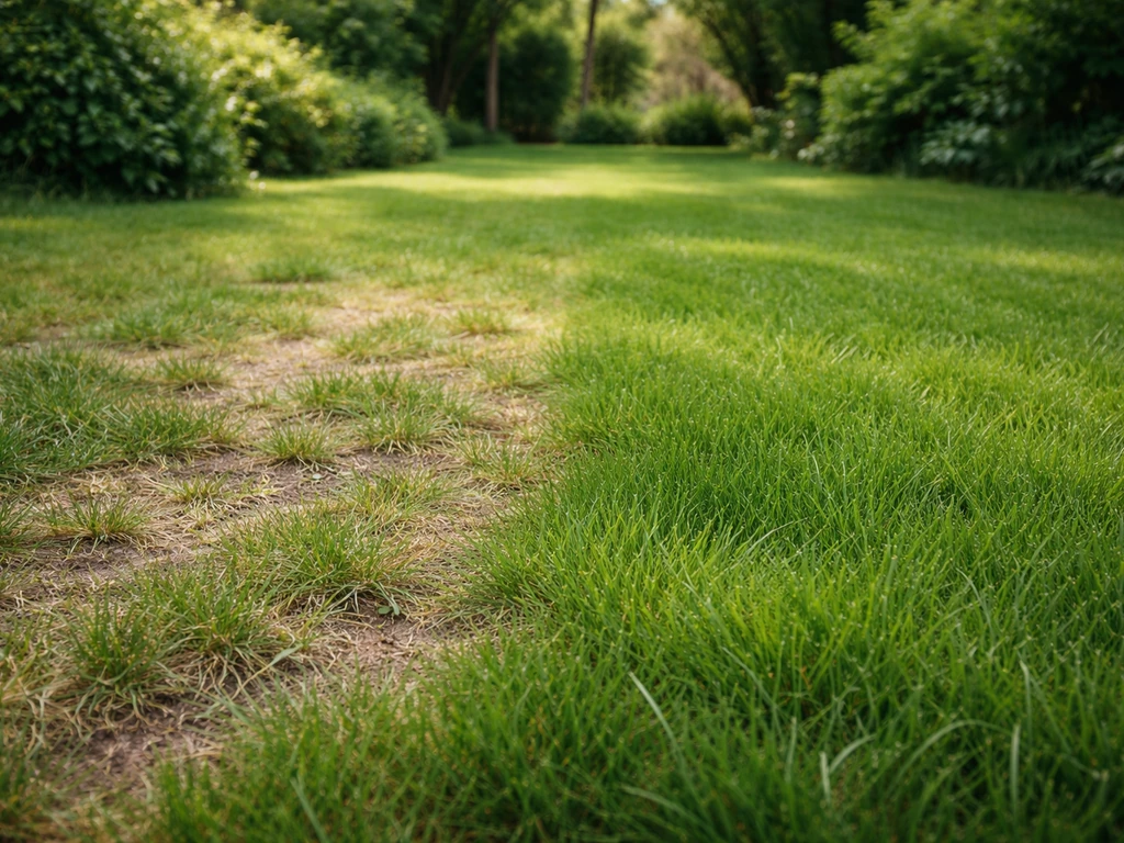 Gazon met kale, verdunnende plekken naast voller gras met subtiele hoogteverschillen.