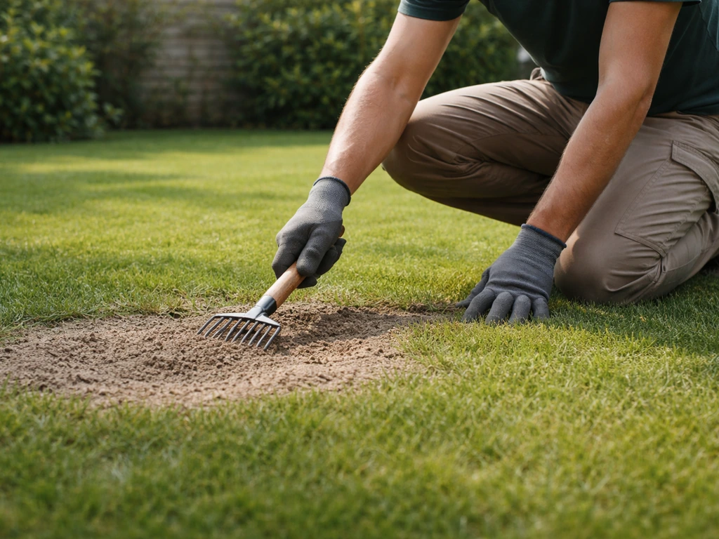 Persoon egaliseert een dun laagje topdressing-mix op een gazon met een hark, in een rustige tuin.