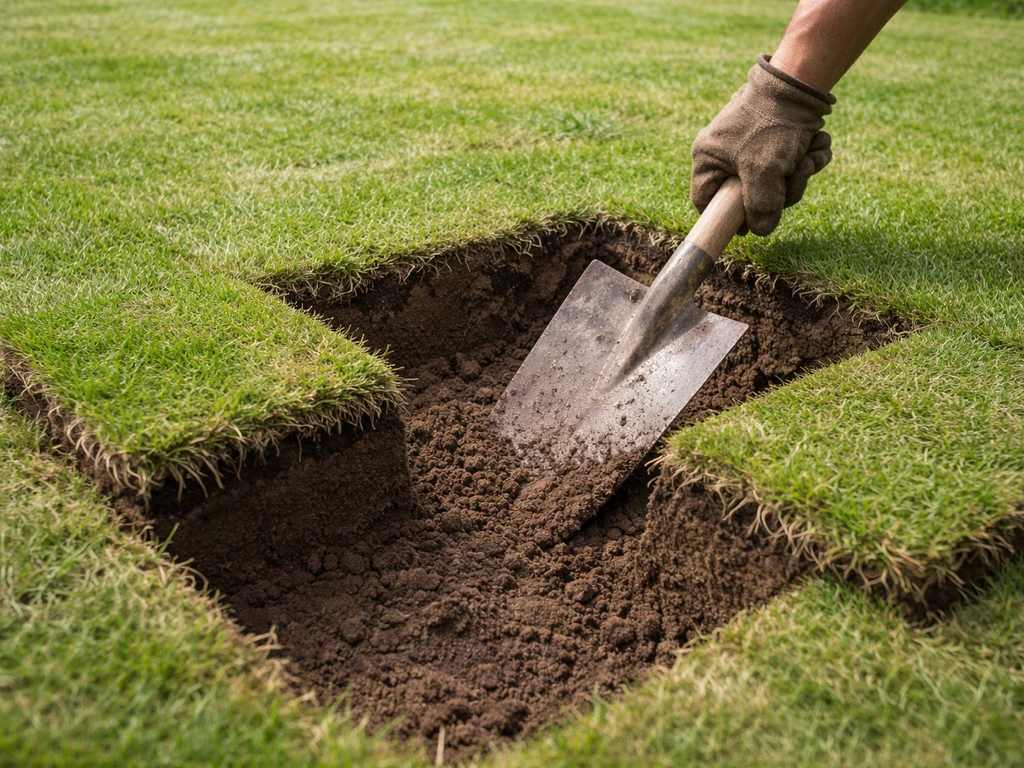 Hand schept aarde uit een kuil met teruggeklapte graszode in H-vorm, klaar om op te hogen