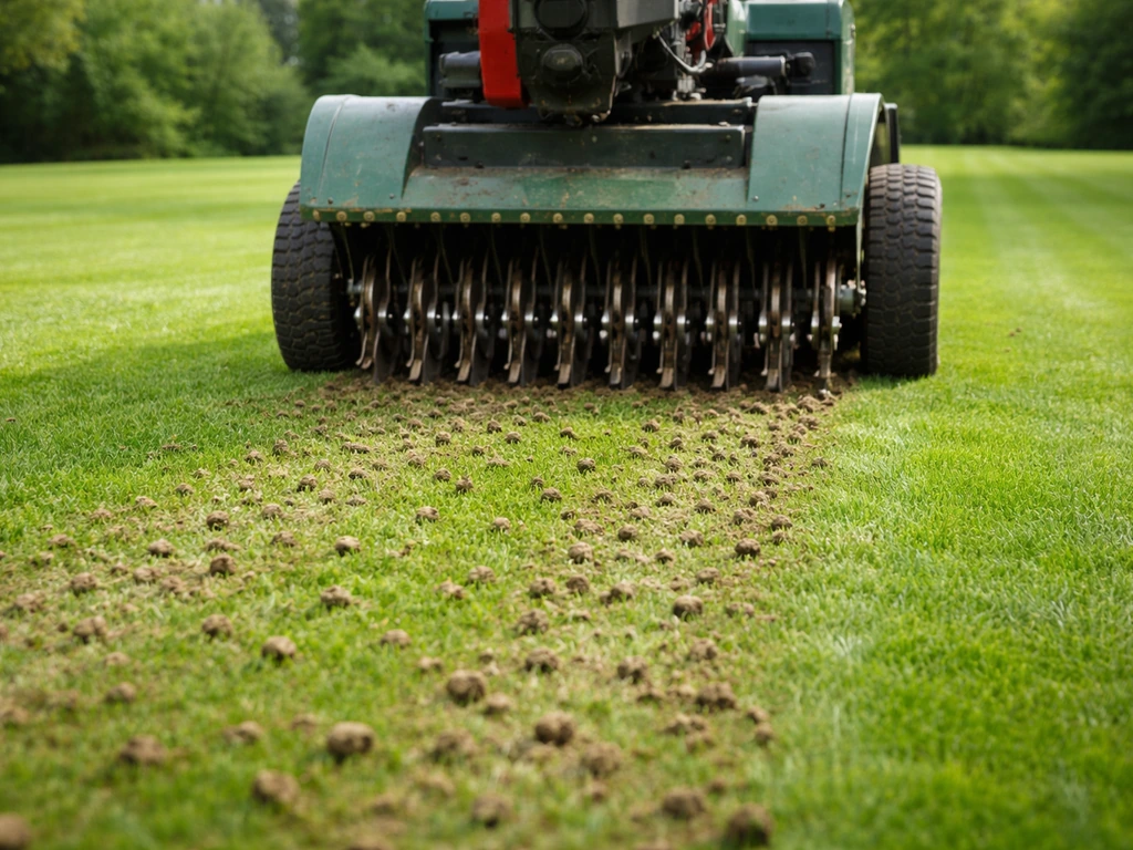 Beluchtingsmachine met prikrollen in een gazon, met losgemaakte grond voor lucht en grondverbetering