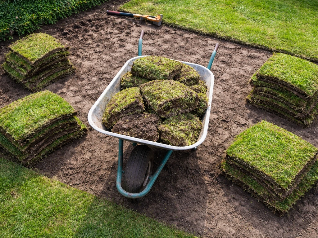 Graszoden en grondkluiten op een kruiwagen, klaar om afgevoerd te worden in een Nederlandse tuin
