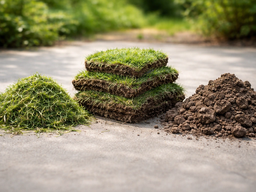 Close-up met drie duidelijk gescheiden voorbeelden: los maaisel, graszoden met grond en losse grondkluiten.