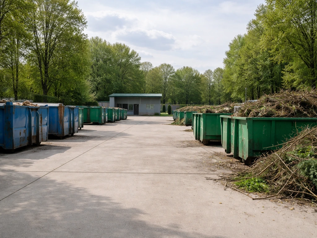 Nederlandse milieustraat met containers en een lege laadzone voor grof tuinafval