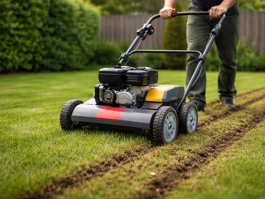 Gazonluchter/verticuteermachine in gebruik op een net opgeschoond gazon, met zichtbare beluchte banen.