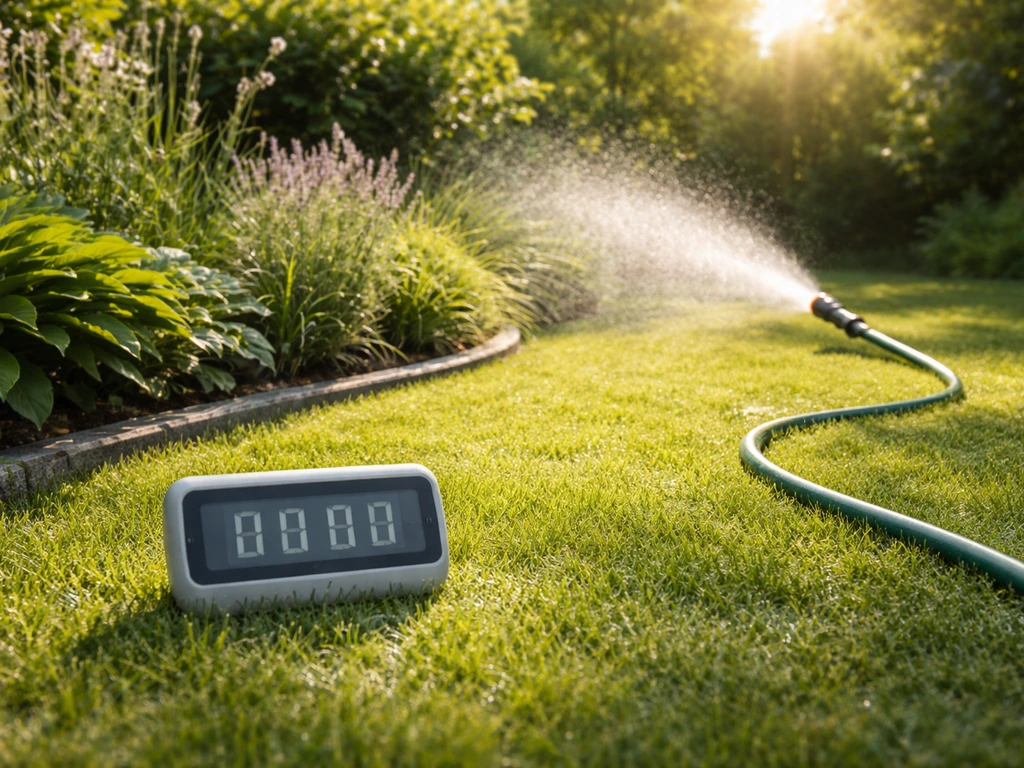 Zonnig gazon met startende waternevel en een tuin-thermometer om tijdstip en weerbeeld te tonen.