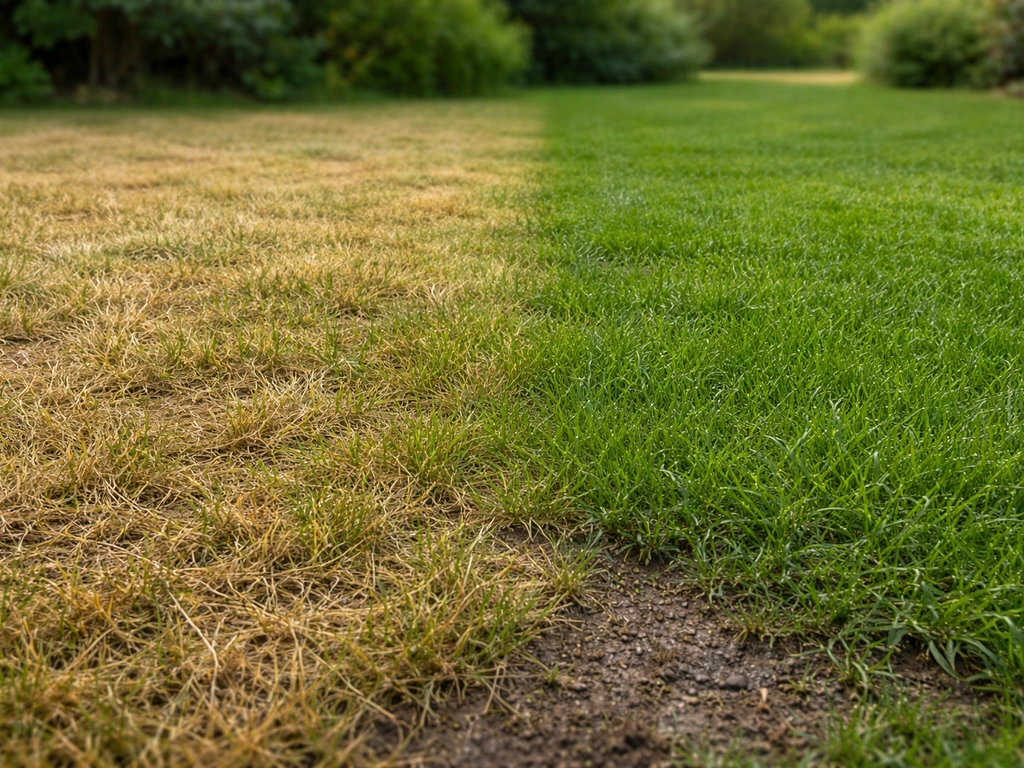 Ongelijk bewaterd gazon: geelbruine droge plekken naast natter, donkergroen gras.