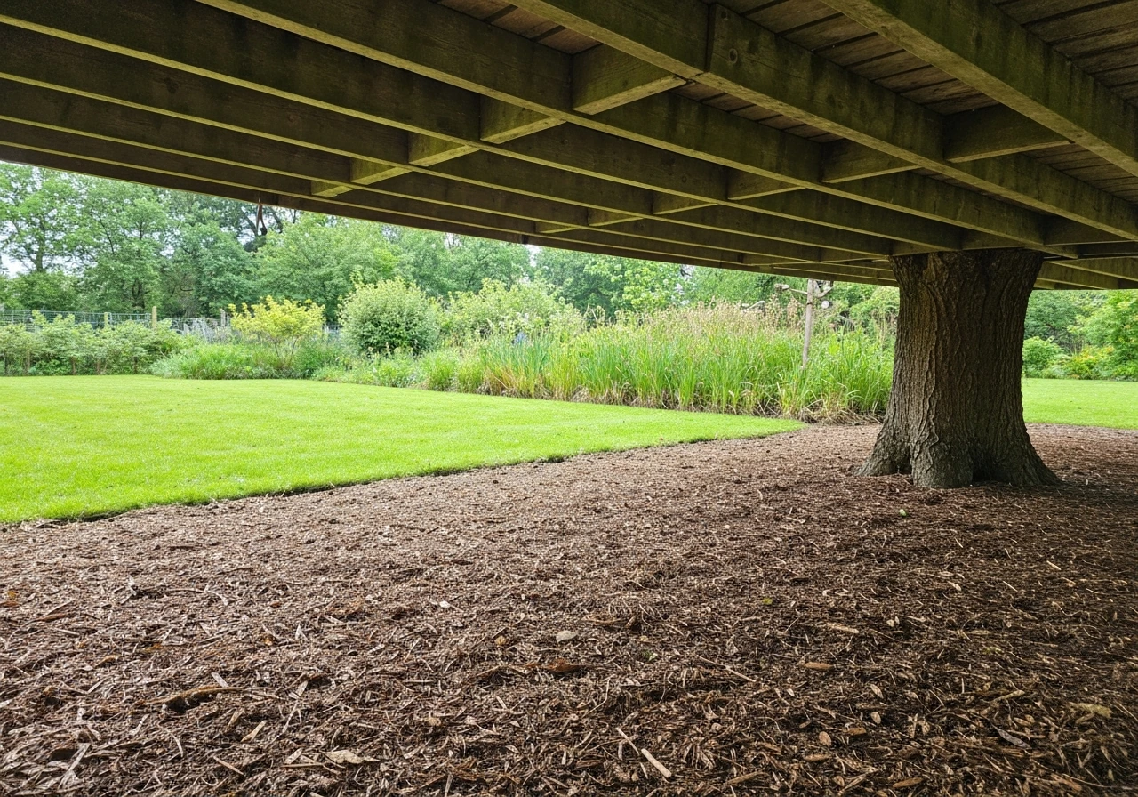 Schaduwrijke plek onder een boom met boomschors als vervanging voor een aangrenzende grasstrook.