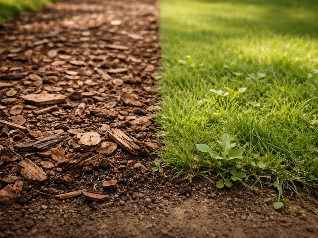 Linker tuinbodem met boomschors en nauwelijks onkruid, rechter gazon met onkruid en vochtig ogende schorsbodem.