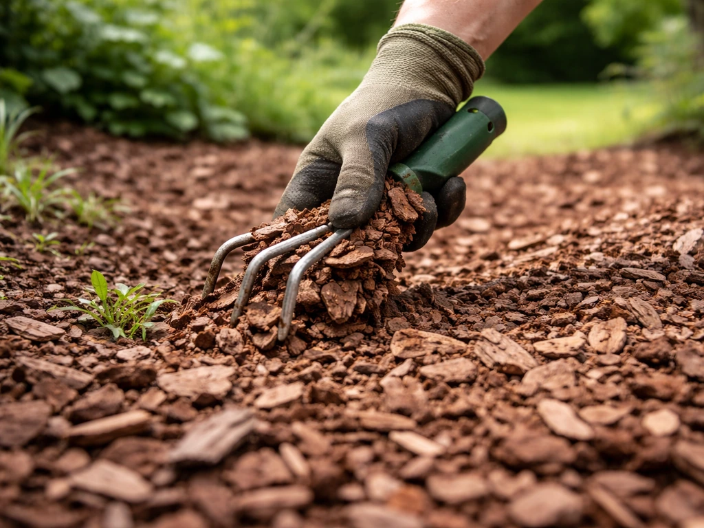 Hand strooit nieuwe boomschors over een mulchbed, met focus op gelijkmatige laagdikte en lichte onkruidsporen.