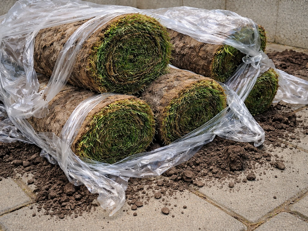 Graszoden met plastic folie en veel losse aarde, duidelijk niet schoon voor groenafval