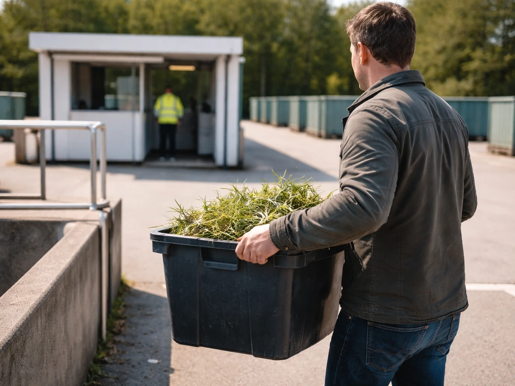 Bezoeker levert gras/tuinafval in bij de milieustraat; controleplek met container op de voorgrond.