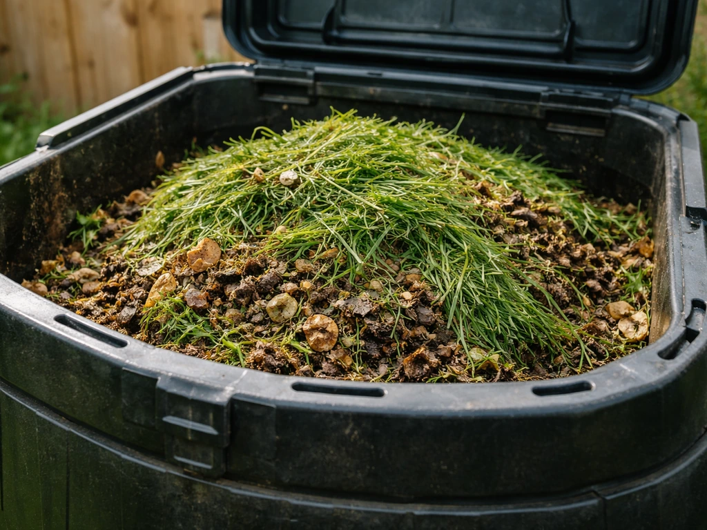 Compostvat met vermengd gemaaid gras en groenresten, thuis in de tuin voor compostering
